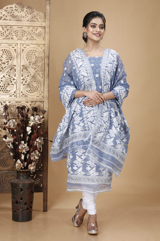 Azure Elegance: Unstitched Aegean Blue Jamdani Cotton Suit Set