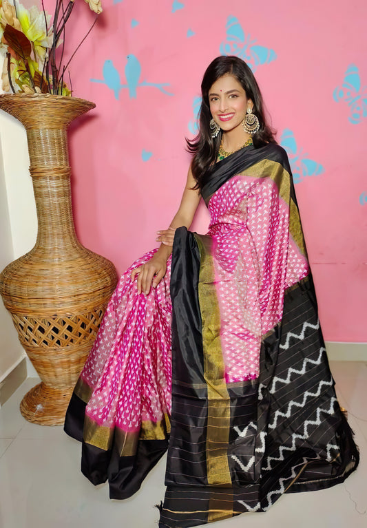 Pink and Black Ikat Patola Silk Saree