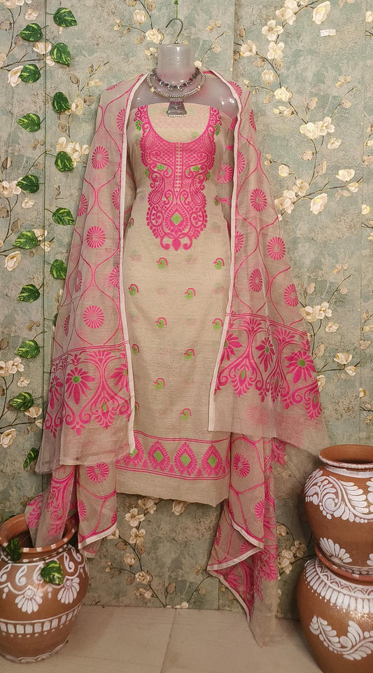 Beige & Pink Bliss: Jamdani Cotton Suits Set