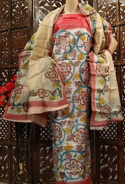 Vibrant Splendor: Off-White & Multi-Color Handpainted Kalamkari Ensemble