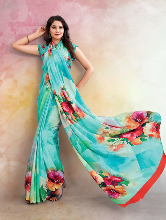 Dive into Elegance: Digital Print Aqua Floral Crepe Sarees - 5.5 Meters of Enchanting Beauty!