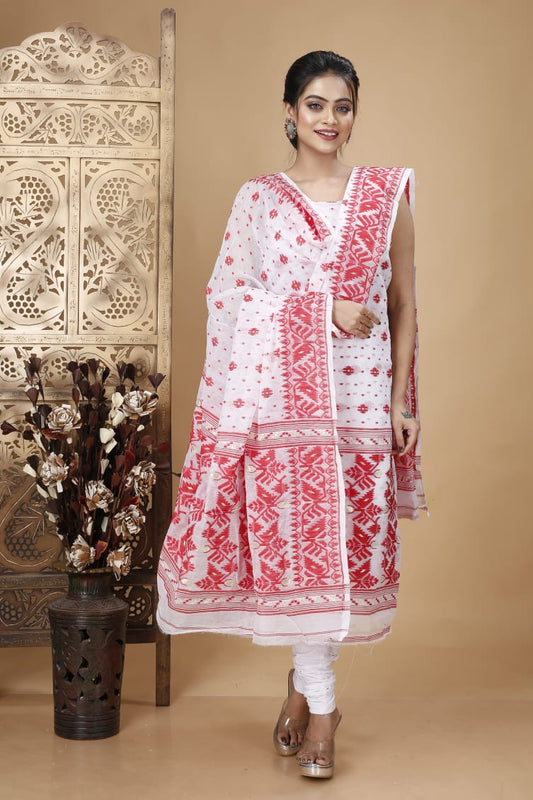 Crimson Whispers: Unstitched White & Red Jamdani Cotton Suit Set