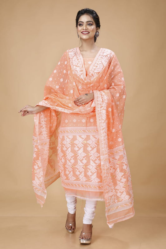 Peachy Perfection: Unstitched Jamdani Cotton Suit Set