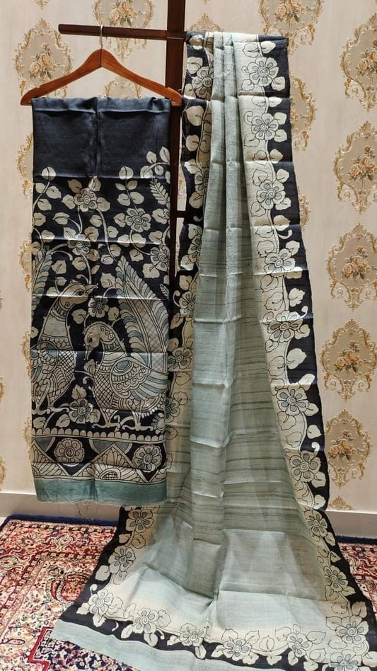 Mystic Harmony: Black & Sea Green Handpainted Kalamkari Ensemble