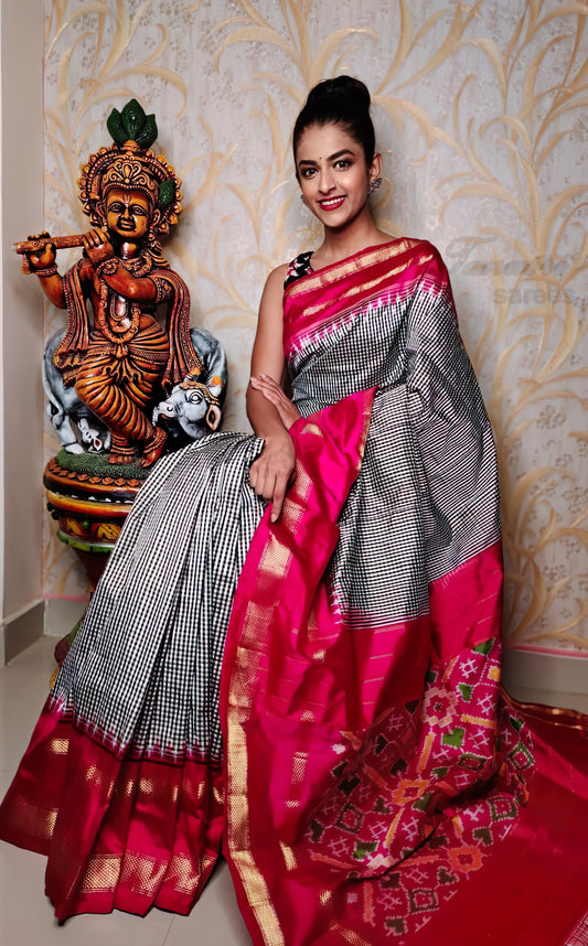 Modern Checkmate: The Grey Checks and Red Ikat Patola Silk Saree