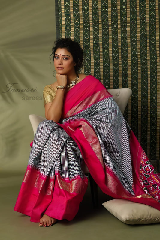 Refined Elegance: The Grey Checks Ikat Patola Silk Saree