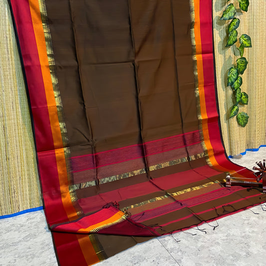 Earthy Elegance: Maheshwari Brown Cotton Silk Handloom Saree
