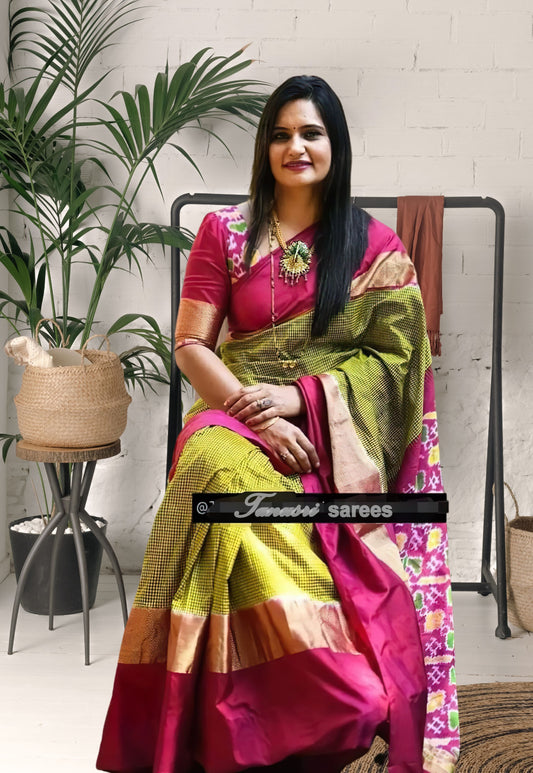 Vibrant Elegance Pesara Green Checks and Pink Ikat Patola Silk Saree