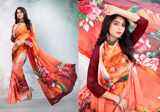 Floral Finesse Unleashed: Digital Print Georgette Sarees, 5.5 Meters of Blossoming Beauty!