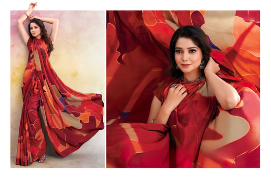 Ravishing Rust: Digital Print Crepe Saree - 5.5 Meters of Timeless Elegance!