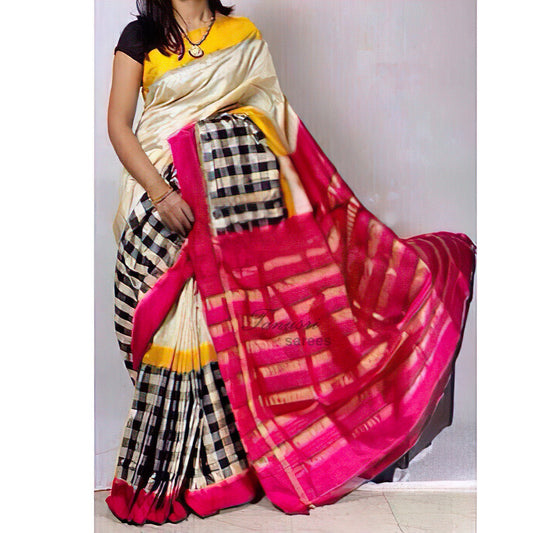 Refined Elegance: Cream and Border Box Checks Ikat Patola Silk Saree