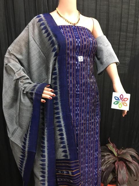 Grey and Royal Blue Sambalpuri Handloom Cotton Suit Set