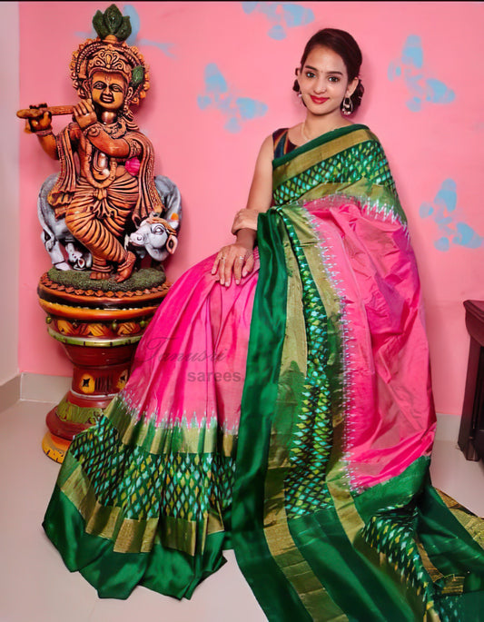 Nature's Palette Pink and Green Ikat Patola Silk Saree