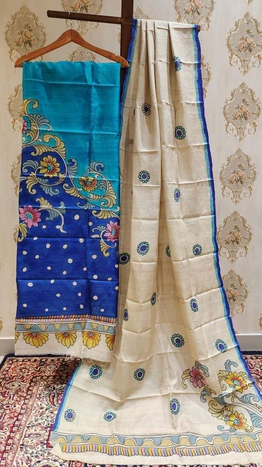 Oceanic Elegance: Blue & Off-White Handpainted Kalamkari Ensemble