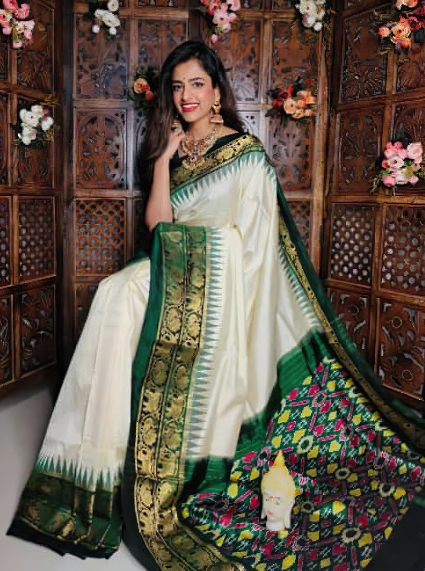 Enchanting Cream and Green Ikat Silk Saree