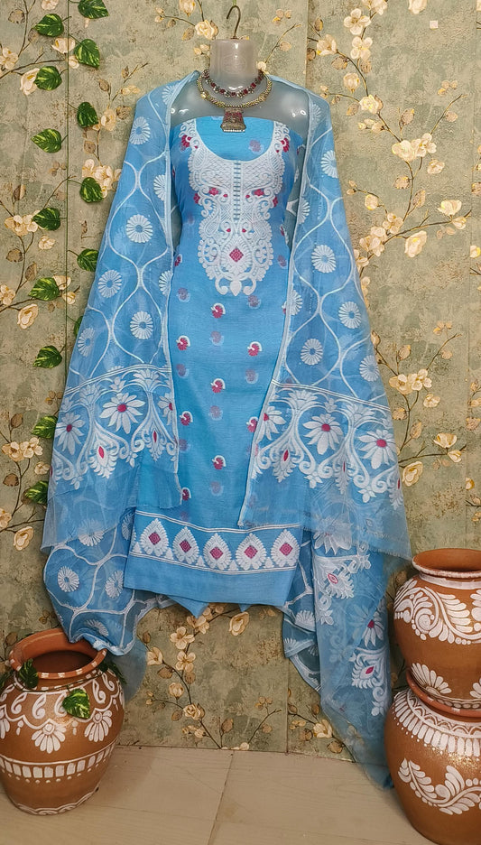 Sky Blue Serenity: Jamdani Cotton Suits Set