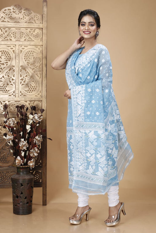 Sky Whisper: Unstitched Carolina Blue Jamdani Cotton Suit Set