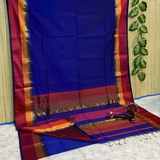 Regal Splendor: Maheshwari Royal Blue Cotton Silk Handloom Saree